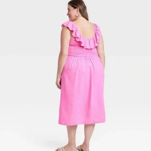 Ava & Viv Pink Ruffle Neck Empire Waist Linen Rayon Midi Dress NWT 2X - Picture 2 of 3